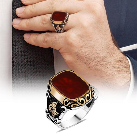 Agate Red Stone Tugra Patterned 925 Sterling Silver Men's Ring