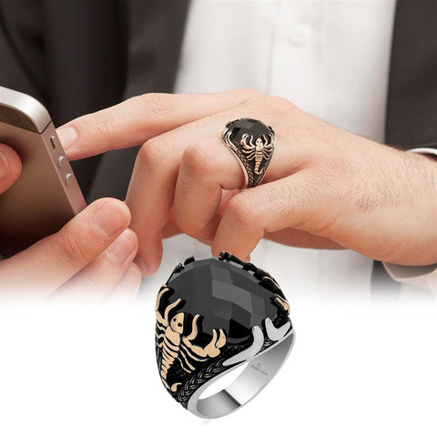 Scorpion Patterned Black Stone Facet Cut 925 Sterling Silver Men's Ring