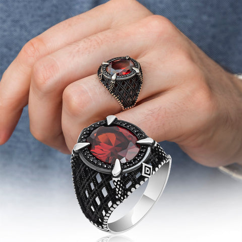 Red Stone Clawed 925 Sterling Silver Men's Ring
