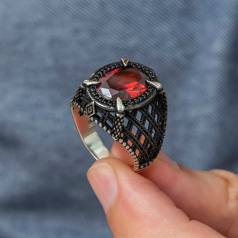 Red Stone Clawed 925 Sterling Silver Men's Ring