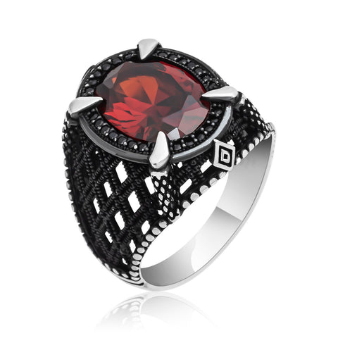 Red Stone Clawed 925 Sterling Silver Men's Ring