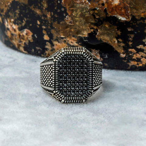 Tulip Patterned Micro Stone Embroidered Silver Turkish Ring for man