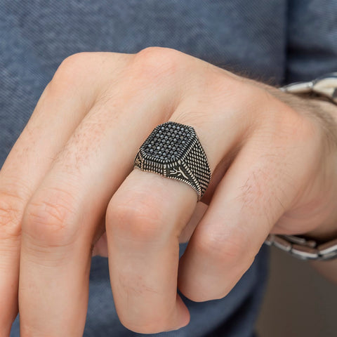 Tulip Patterned Micro Stone Embroidered Silver Turkish Ring for man