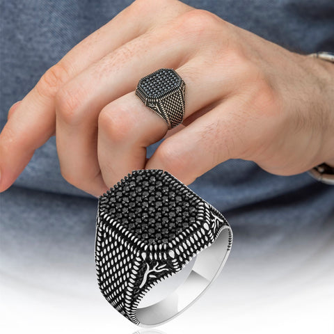 Tulip Patterned Micro Stone Embroidered Silver Turkish Ring for man