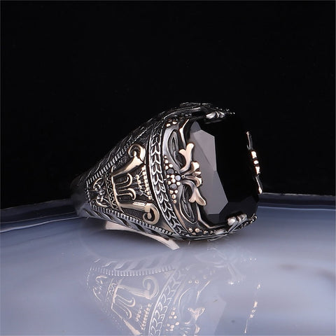 Black Zircon Stone Silver Turkish Ring for Man