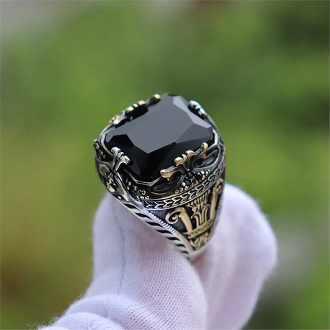 Black Zircon Stone Silver Turkish Ring for Man