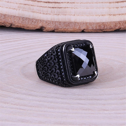 Black Zircon Stone Micro Stone Engraved Silver Men's Ring
