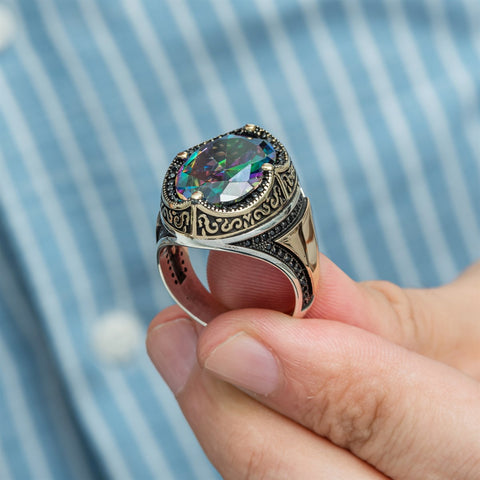 Oval Mystic Topaz Stone 925 Sterling Silver Men's Ring