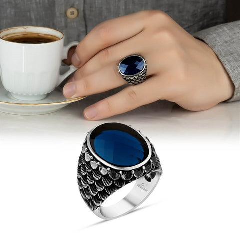 925 Sterling Silver Men's Ring with Parliament Blue Stone
